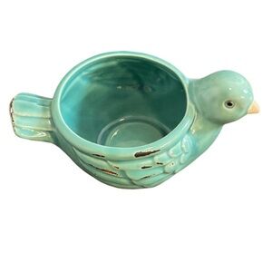 Seafoam green ceramic bird container. 4” diameter across opening. Cute!